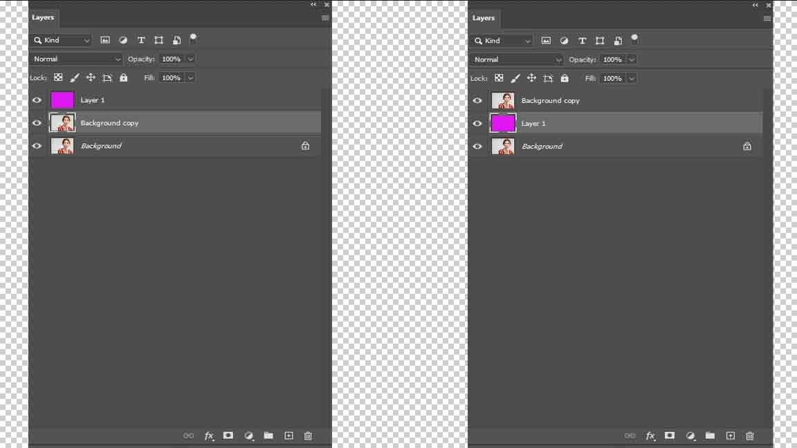 check-layer-below-subject-layer Photoshop Layers panel showing the magenta check layer moved below the duplicated portrait layer.