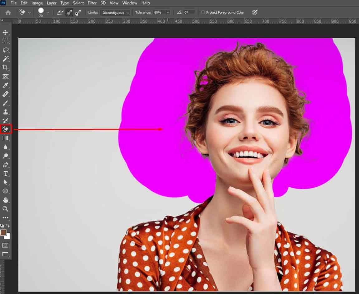 erase-around-hair-background Background Eraser Tool removing the gray backdrop around the model's hair over a magenta check layer.
