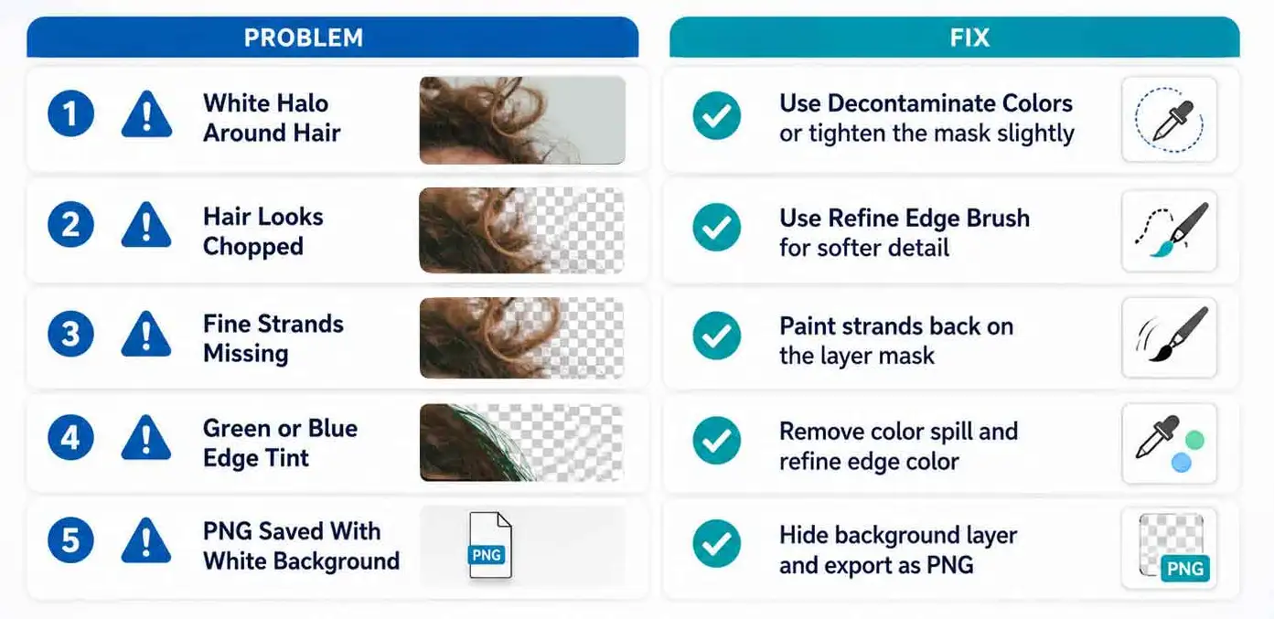 hair-cutout-problems-fixes Five common hair cutout problems paired with fixes for halos, chopped edges, missing strands, color spill and white PNG backgrounds.