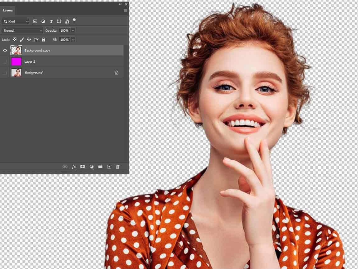 hair-cutout-transparent-checkerboard Portrait cutout on Photoshop's checkerboard transparency with the background hidden in the Layers panel.