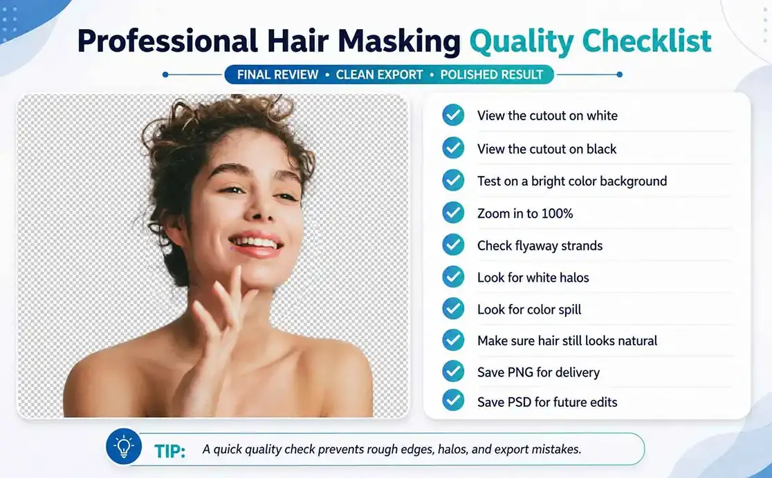hair-masking-quality-checklist Professional hair masking checklist covering background tests, 100% zoom, flyaways, halos, color spill and PNG and PSD delivery.