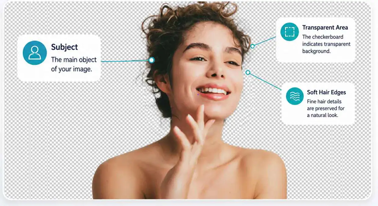 hair-transparent-background-anatomy Cut-out portrait on a checkerboard background with labels identifying the subject, transparent area and preserved soft hair edges.