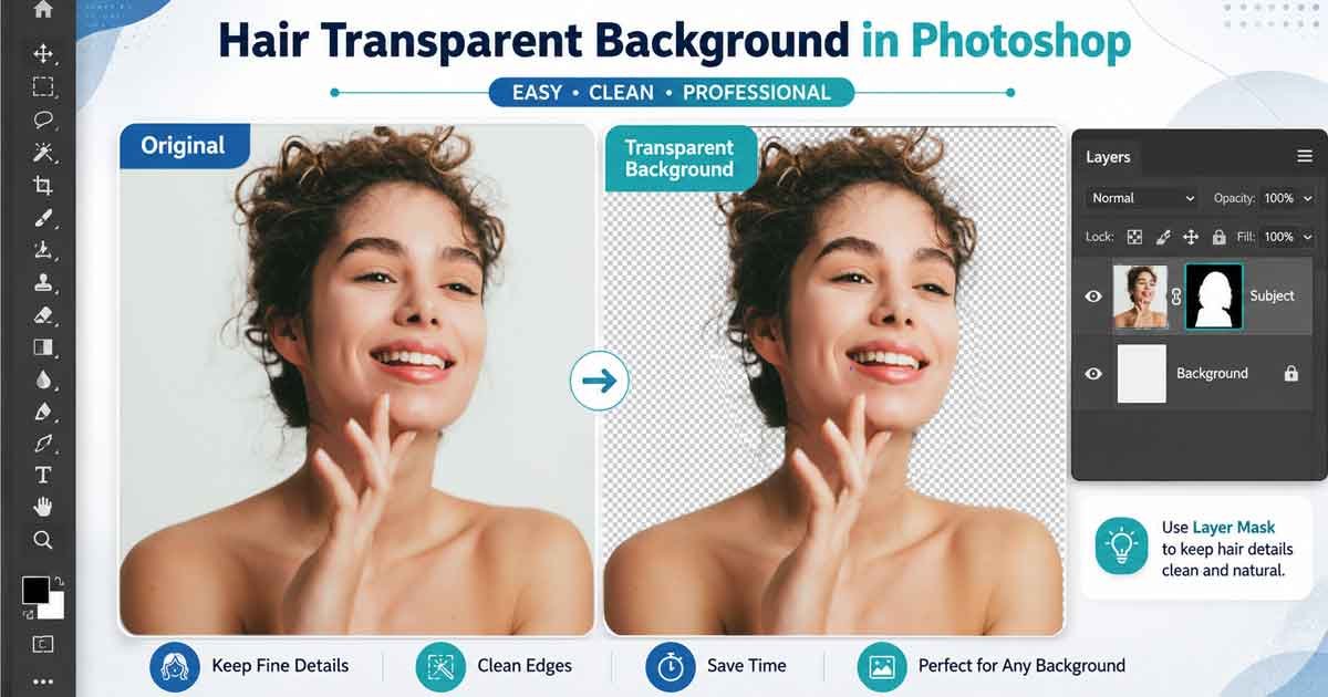 Photoshop hair background removal example showing the original portrait beside a transparent result with a layer mask.