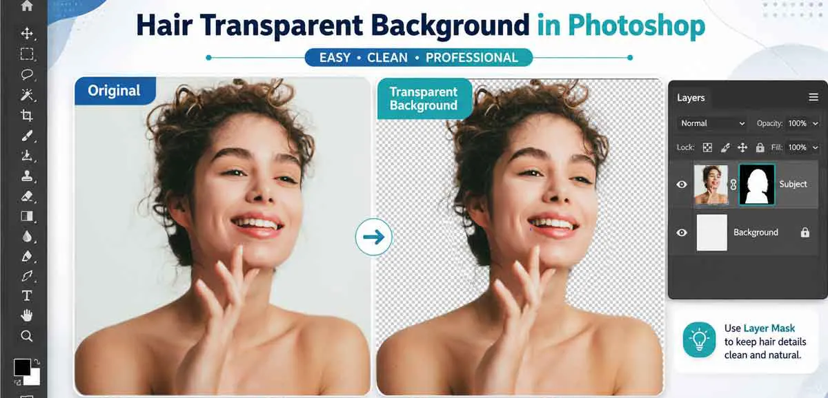 hair-transparent-background-photoshop Photoshop workflow comparing the original portrait with a transparent hair cutout and a layer mask in the Layers panel.
