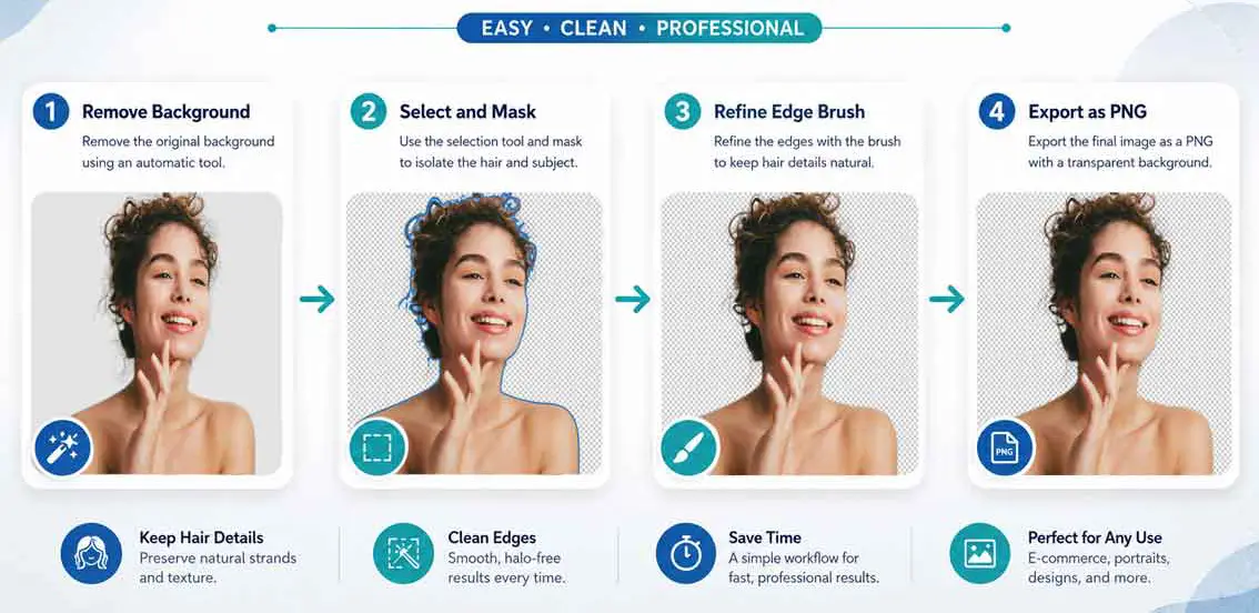 isolate-hair-photoshop-workflow Four-step Photoshop workflow to remove the background, select and mask hair, refine edges and export a transparent PNG.