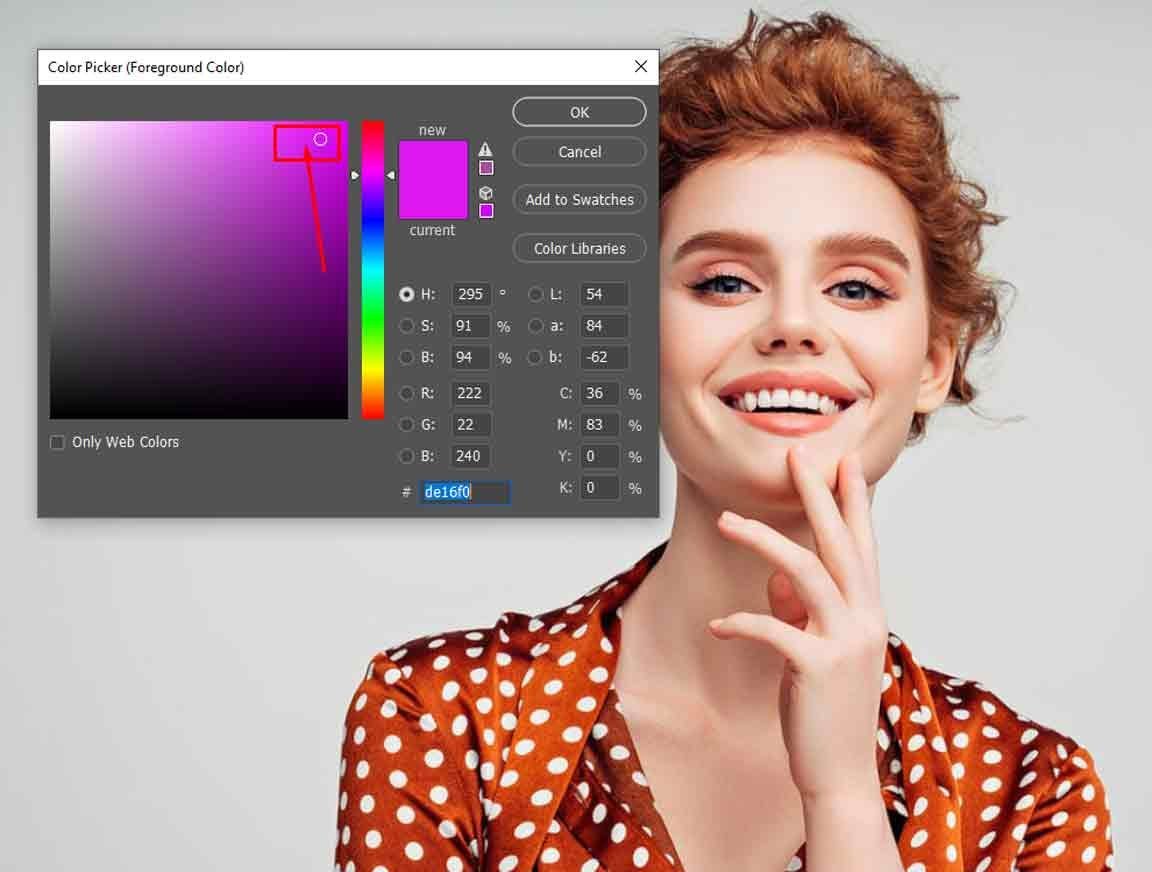 photoshop-color-picker-check-layer Photoshop Color Picker set to a bright magenta color for a high-contrast hair check layer.