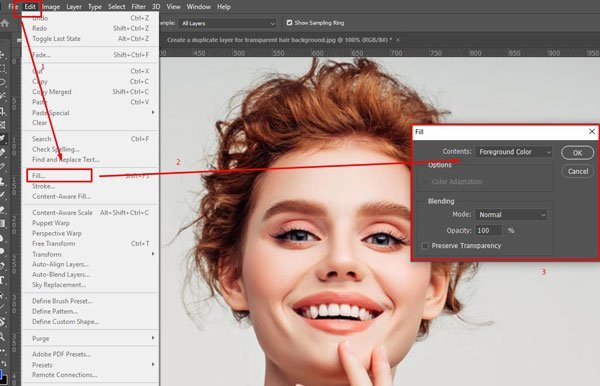 photoshop-fill-check-layer Photoshop Edit menu and Fill dialog used to fill the check layer with the selected foreground color.