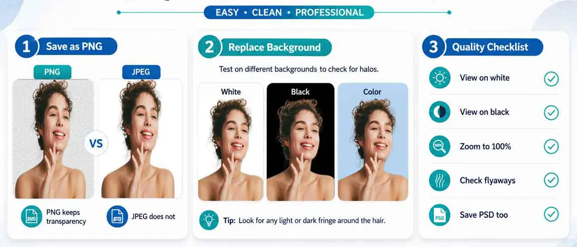 transparent-hair-export-background-check Final transparent hair workflow covering PNG export, background testing on white, black and color, and essential quality checks.