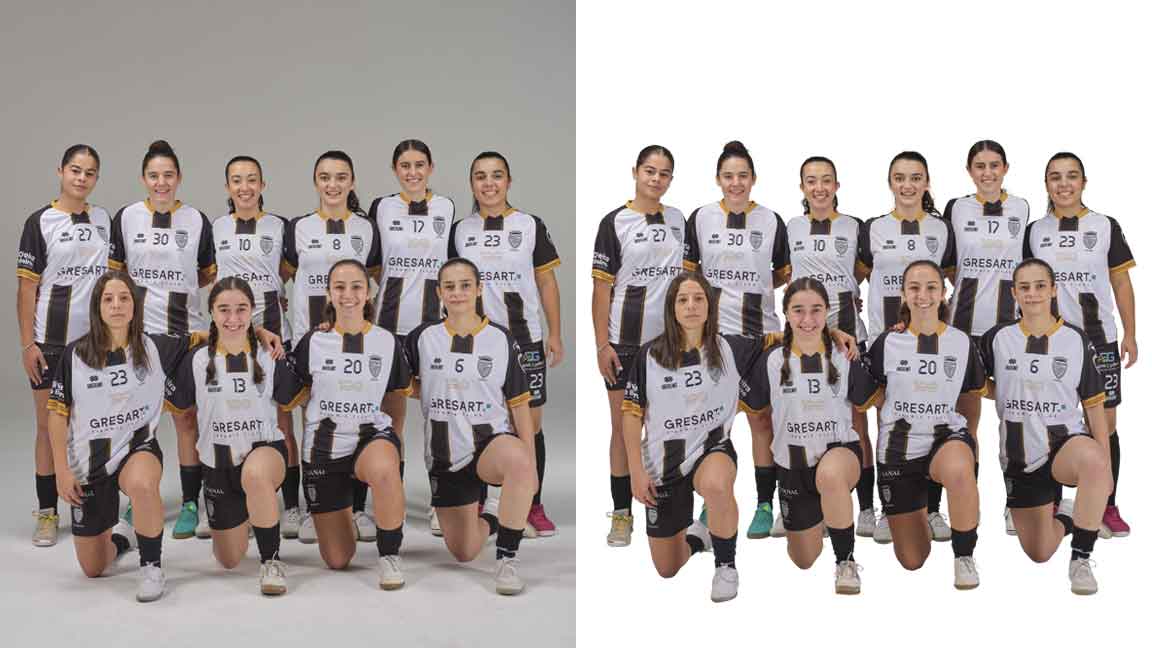 Before and after background removal of a women’s sports team photo with clean cutout and consistent edges.