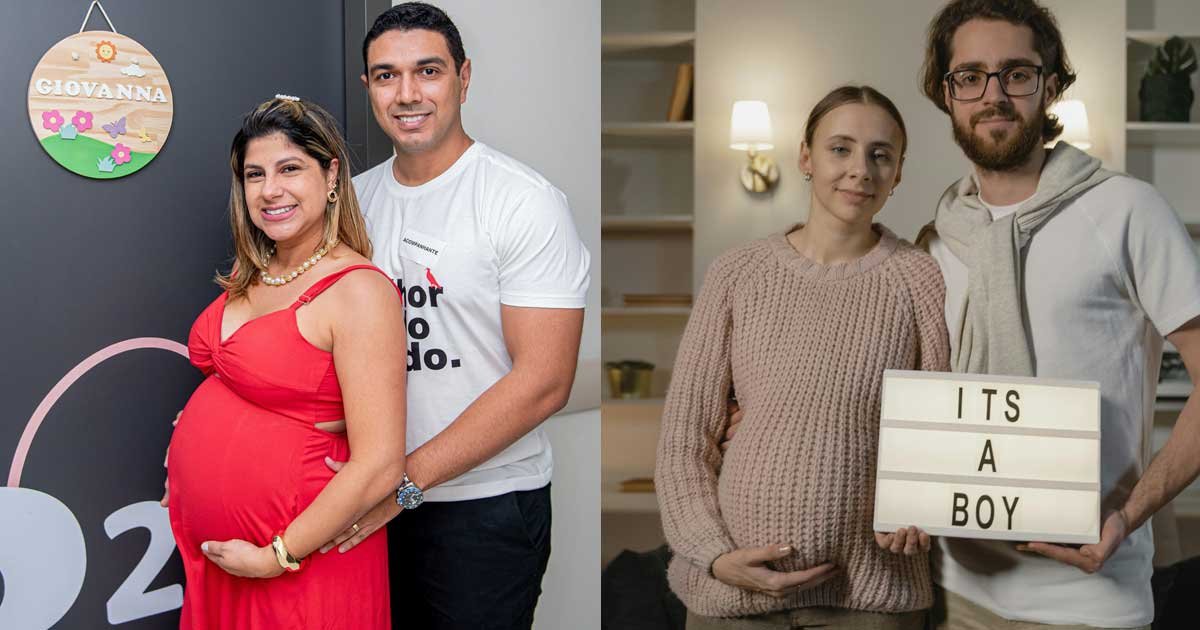 Expecting couples standing together, smiling and celebrating pregnancy with a baby announcement sign