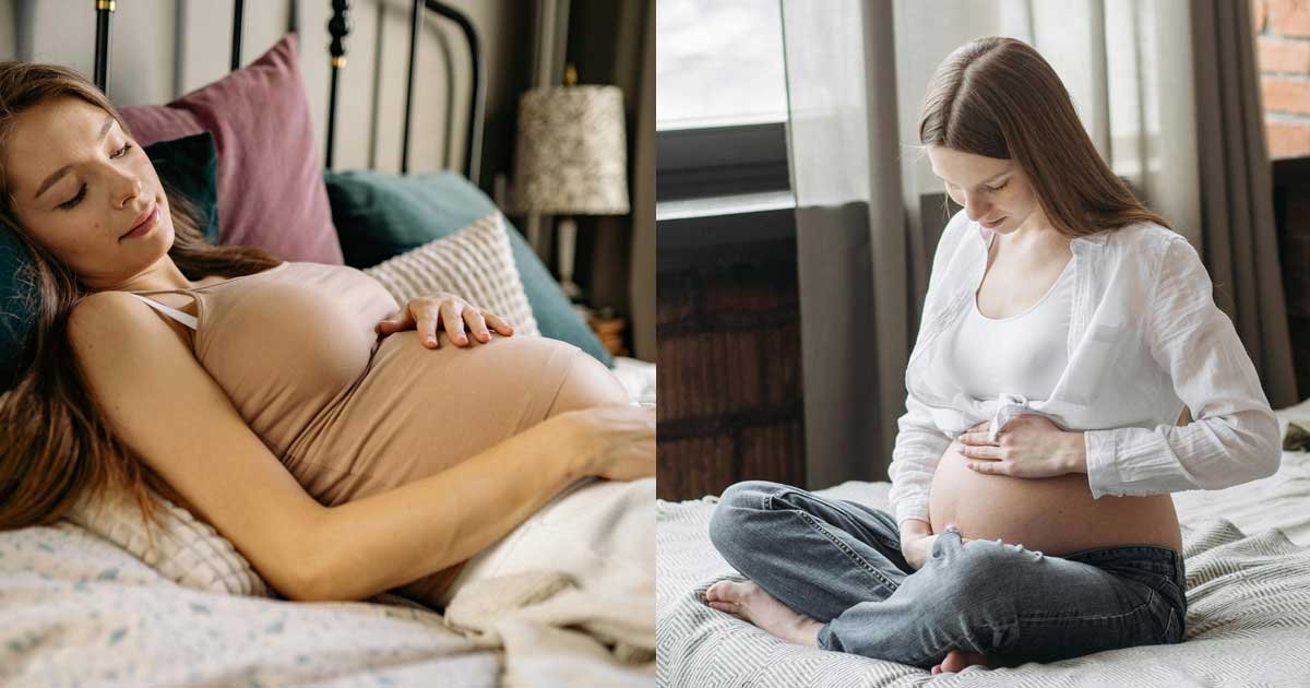 Pregnant woman resting on a bed and gently holding her baby bump in a calm home setting