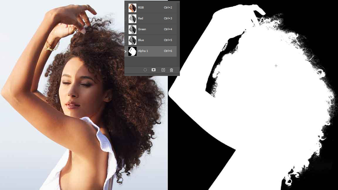 Woman with curly hair using Photoshop image masking technique showing alpha channel for precise hair cutout.