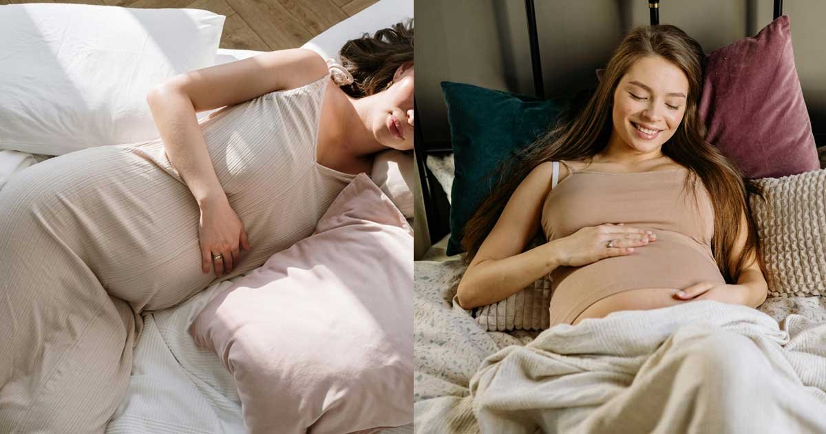 Pregnant woman resting on a bed, gently holding her baby bump in a peaceful home environment