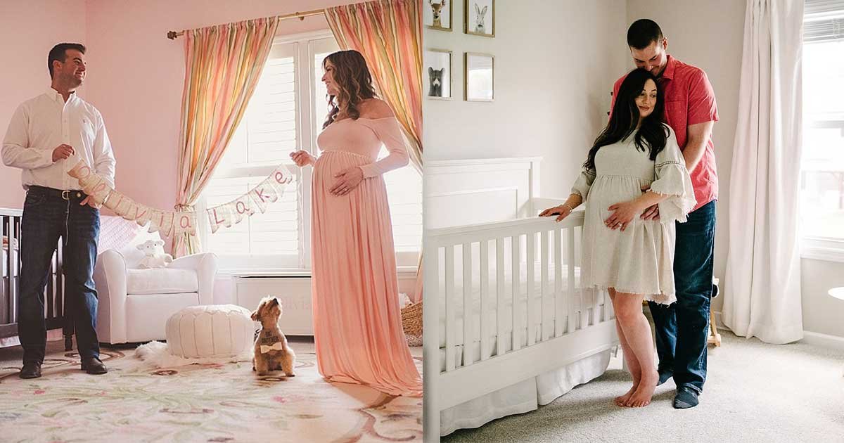 Expecting couples standing in a nursery, gently holding baby bumps and preparing for their newborn