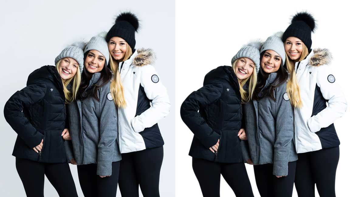 Group of women wearing winter jackets isolated on a white background after professional background removal.
