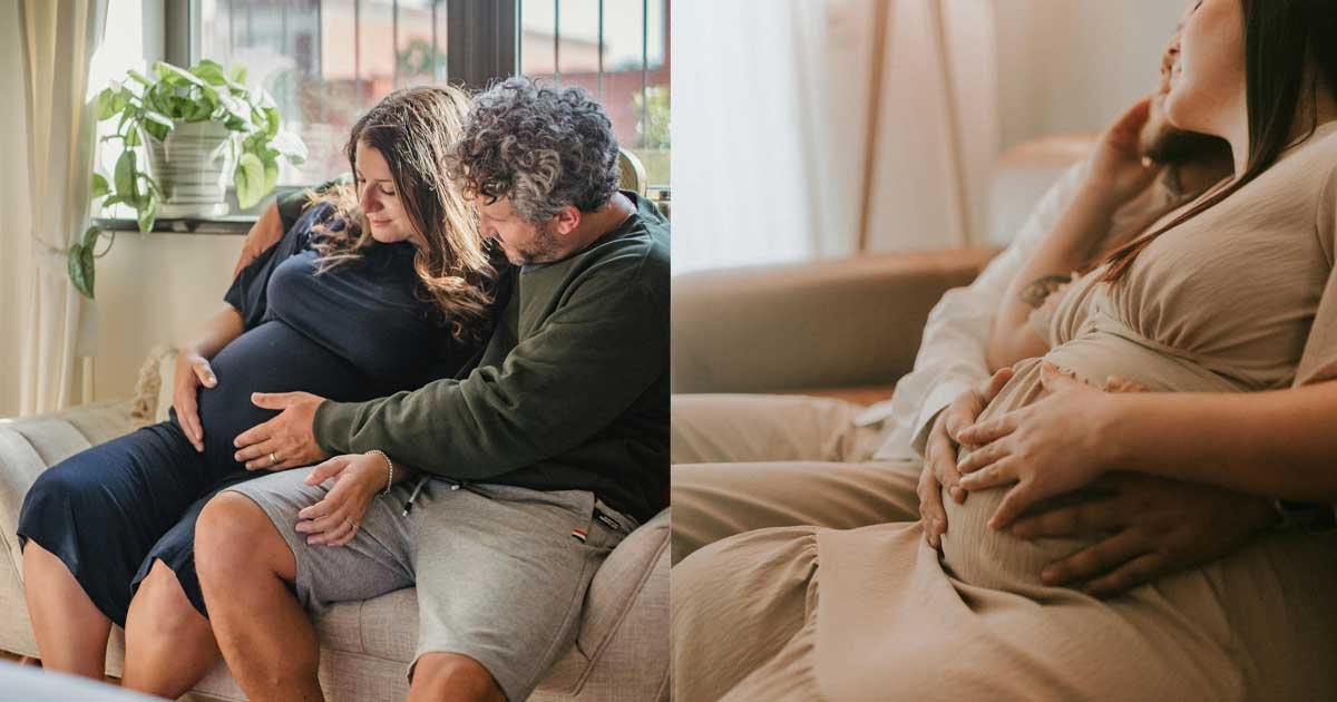 Expecting couple sitting on a sofa at home, gently holding a pregnant belly in a warm and intimate moment