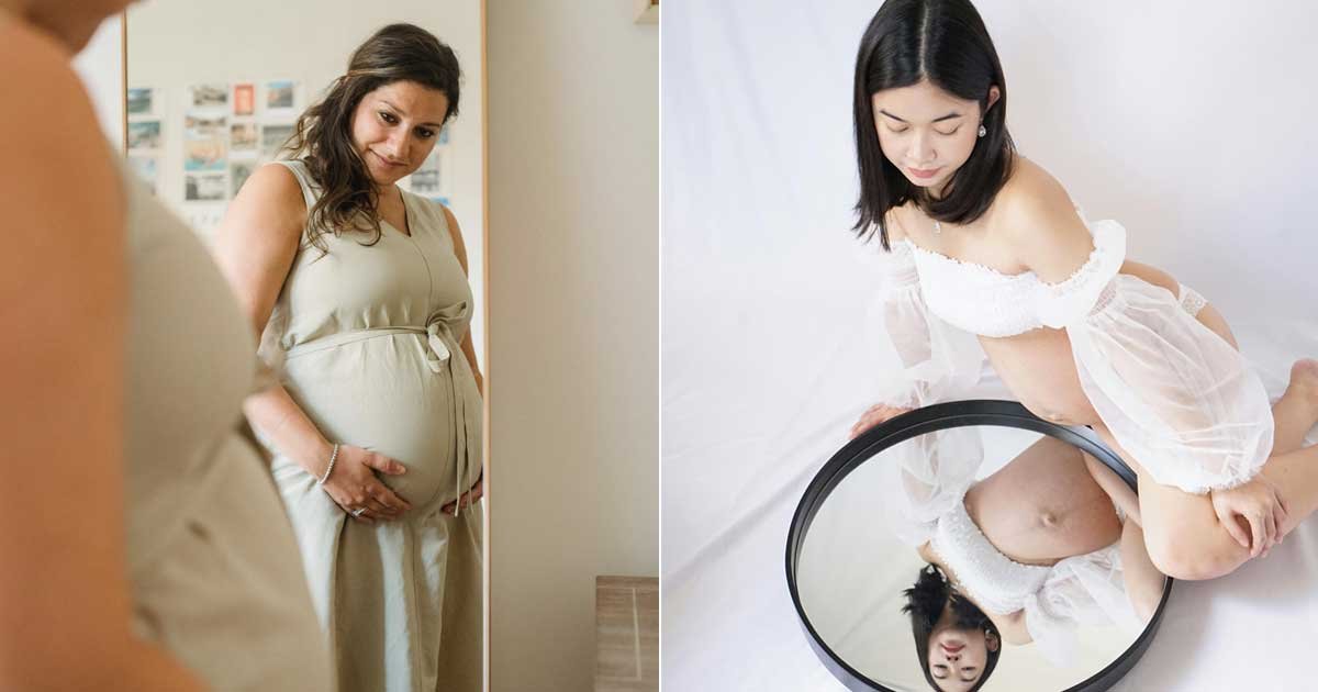 Pregnant woman posing in front of a mirror and sitting on the floor using props for an indoor maternity photoshoot