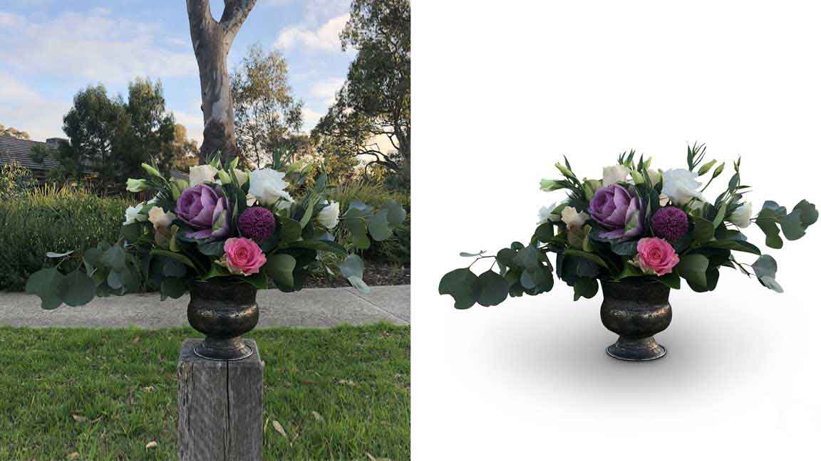Before and after background removal of a flower arrangement with clean cutout and natural shadow.