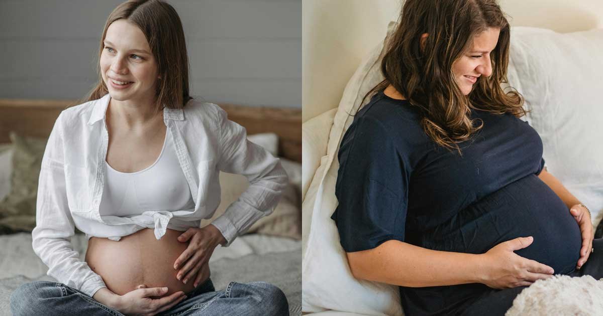 Pregnant women sitting on a bed at home, gently holding their baby bumps in a calm and natural setting