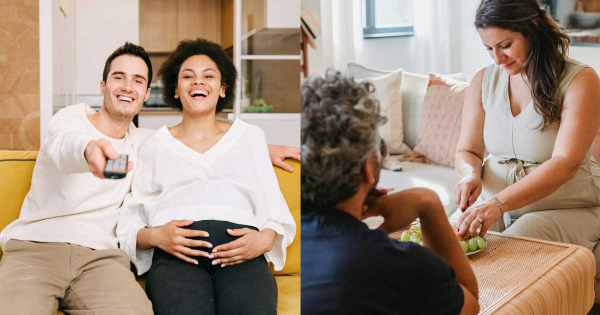 Expecting couples relaxing at home, enjoying time together during pregnancy