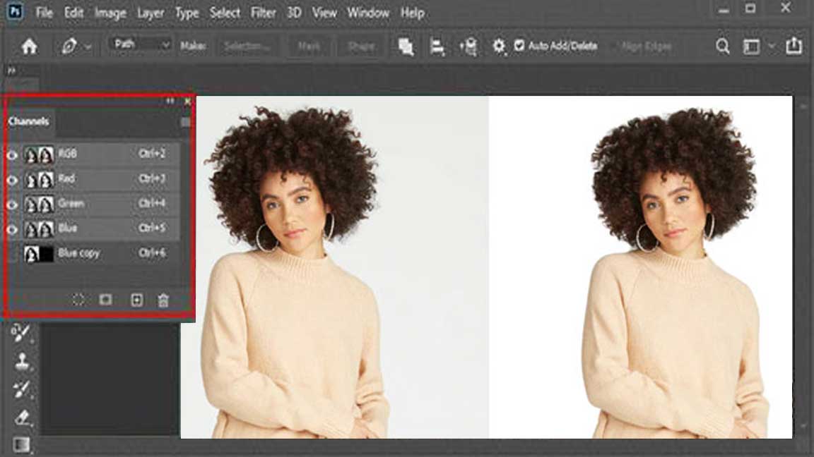 Photoshop-Masking-With-Channel Before and after image masking using Photoshop channels to isolate curly hair with clean edges on a white background.