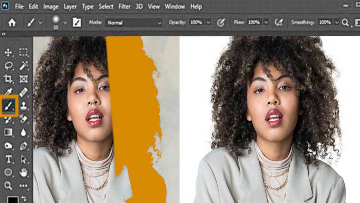 Refine Edge Brush Tool Before and after image masking showing precise hair detail and clean background removal in Photoshop.