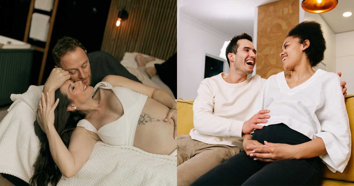 Expecting couple sitting and lying together indoors, smiling and holding the baby bump during a maternity photoshoot