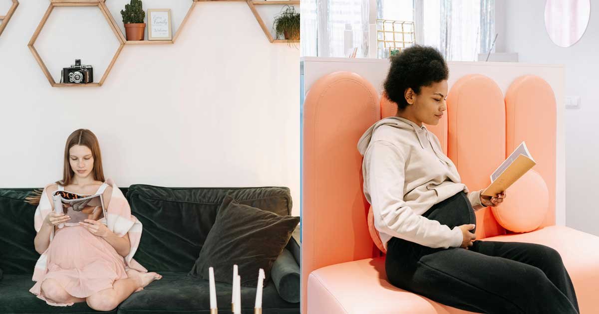 Pregnant women relaxing indoors while reading books on a sofa in a calm home environment