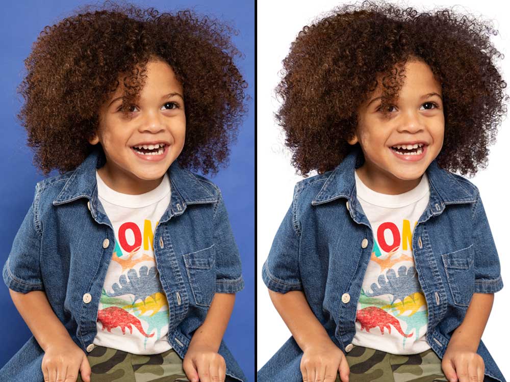 Before and after background removal showing detailed hair masking and clean cutout on a white background.