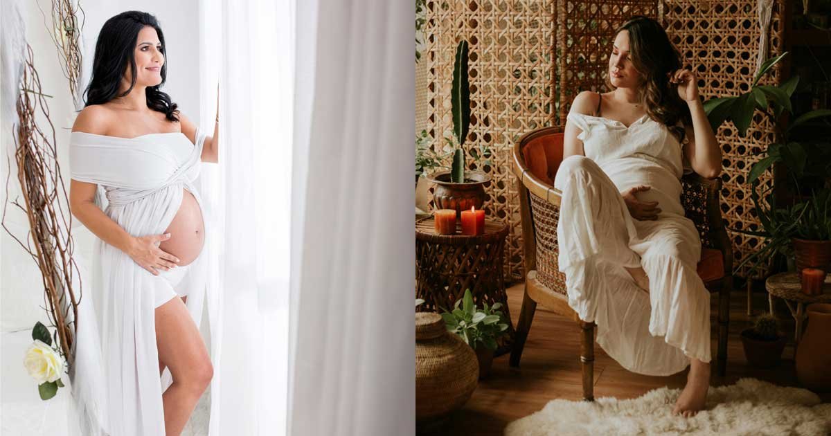 Two solo maternity photoshoot poses: a woman in a white gown standing by a window with natural light and a woman sitting in a bohemian-style chair holding her baby bump