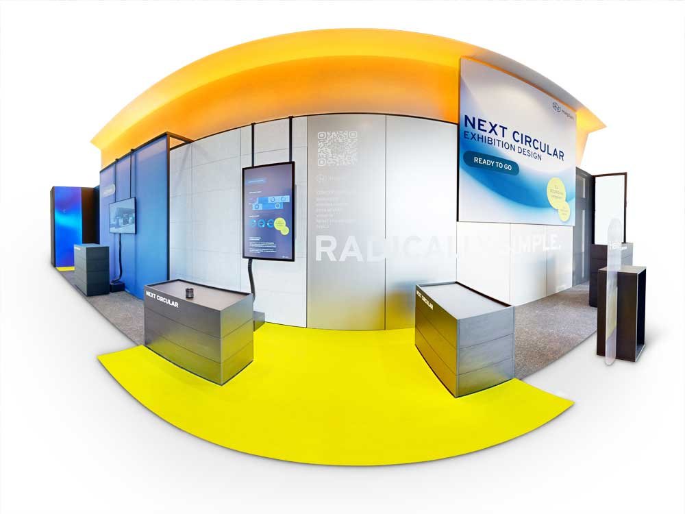 Complex background removal of a panorama exhibition booth image with clean white background, smooth edges, and professional retouching.