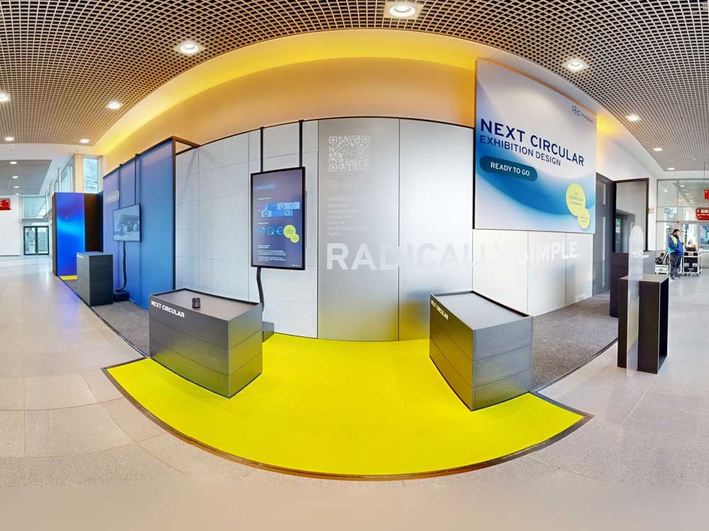 Complex background removal of a panorama exhibition booth image with clean white background, smooth edges, and professional retouching.