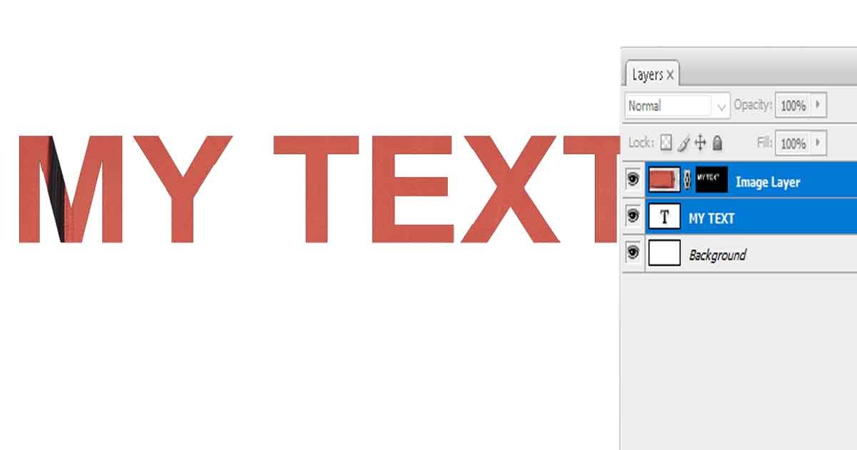 Red MY TEXT layer with a clipped image layer above it in the Photoshop Layers panel
