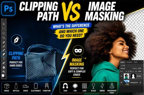 Clipping path vs image masking comparison in Photoshop