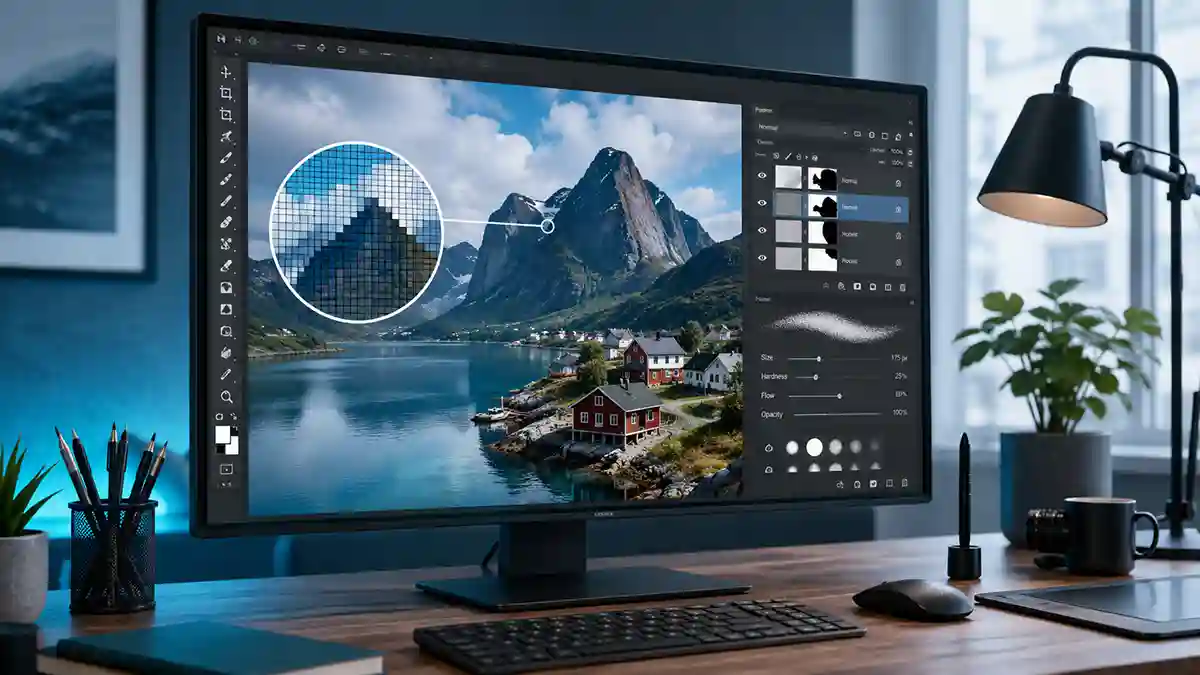 Raster graphics editor workspace with pixel editing tools on monitor