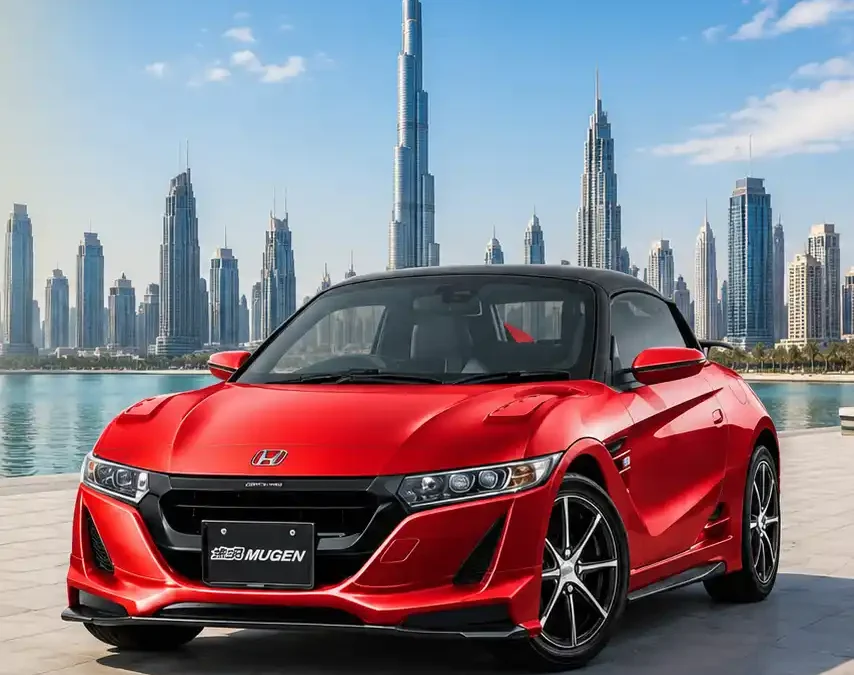 Red Honda Mugen sports car with Dubai skyline background