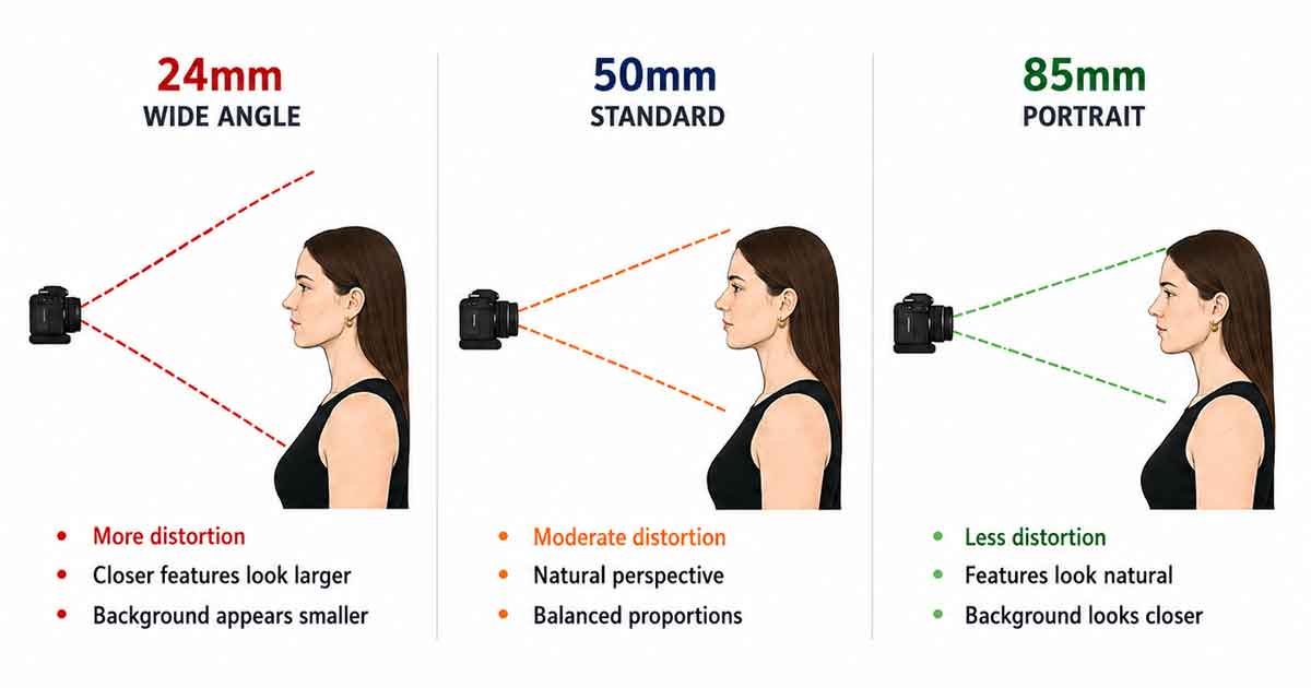 24mm-50mm-85mm-lens-comparison Diagram comparing 24mm, 50mm and 85mm lenses and their effect on facial perspective and proportion