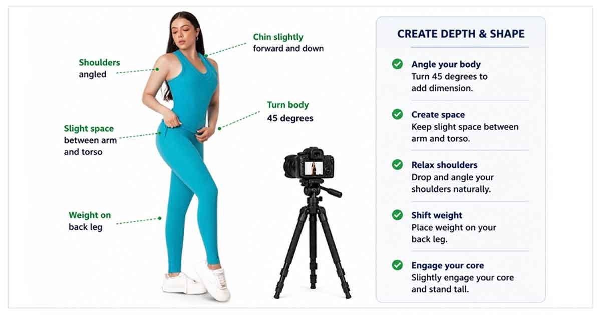 45-degree-portrait-posing-guide Portrait posing guide showing a 45-degree turn, relaxed shoulders, arm space and weight on the back leg