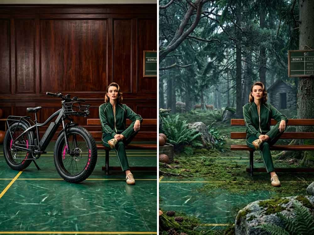 Before and after AI background replacement compositing