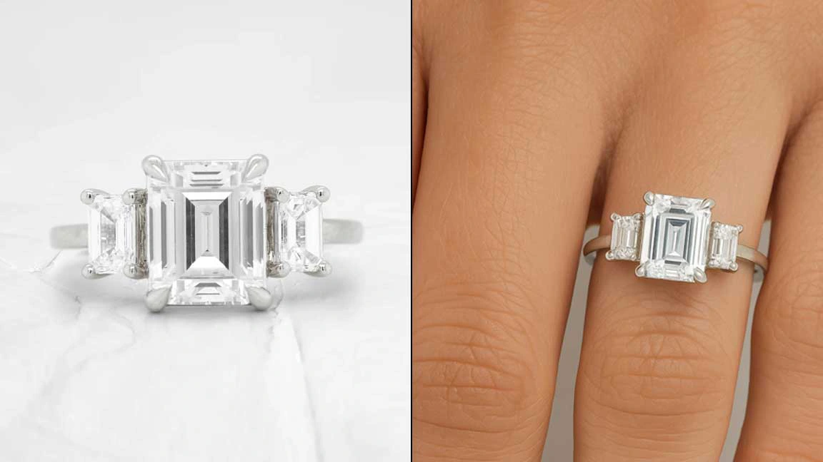 Diamond ring shown on a model's hand in AI on-model photography created from a product-only shot