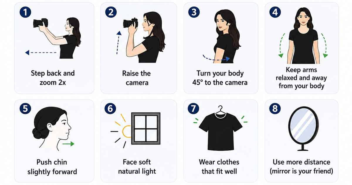 eight-natural-photo-tips Infographic showing eight camera, posing and lighting tips for more natural-looking photos