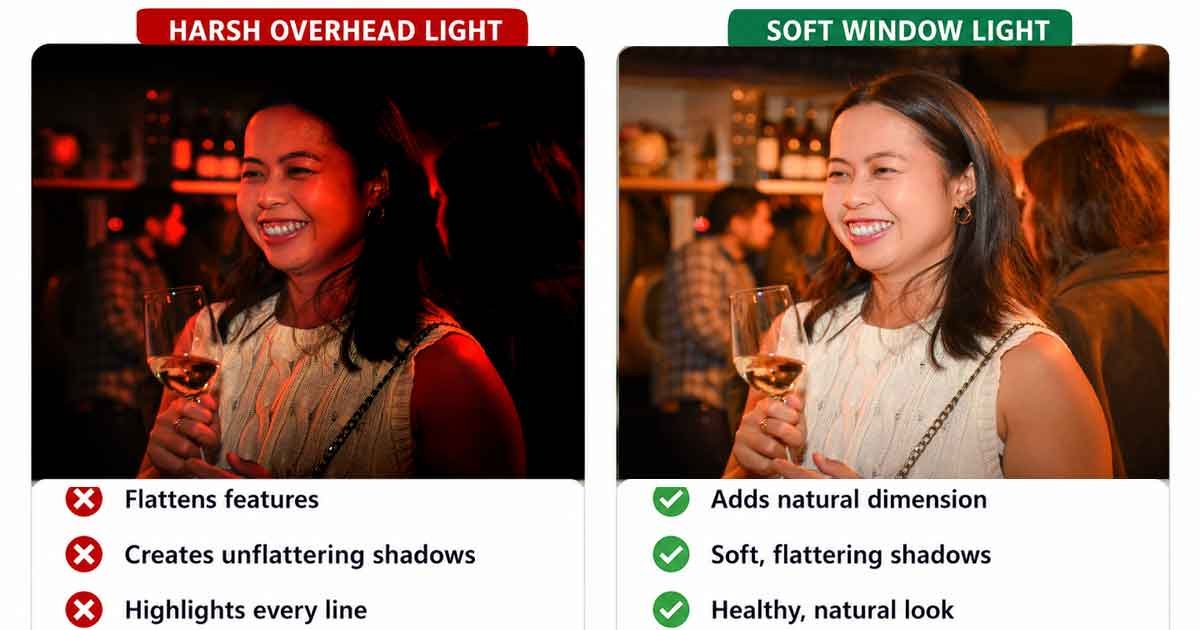 harsh-overhead-vs-window-light Same portrait under harsh overhead light and soft window light showing changes in shadows and facial depth
