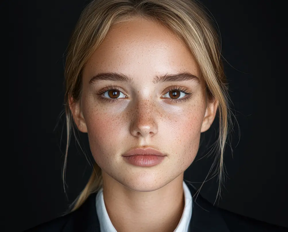 Natural-looking portrait retouching that enhances skin texture, sharpens the eyes