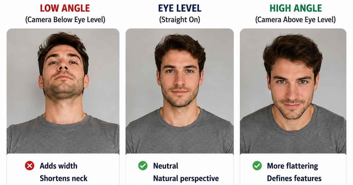low-eye-level-high-camera-angles Same person photographed from low, eye-level and high camera angles showing changes in facial appearance